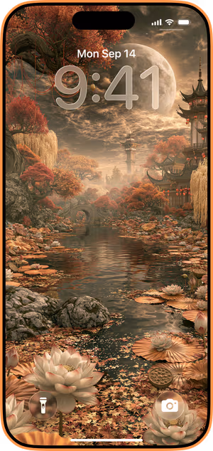 Wallpaper preview on iPhone 17 Pro Max running iOS 26 - Copper Moonlit Lotus Pond