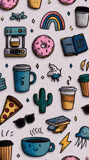 Playful cartoon doodles of coffee cups, donuts & pizza on a colorful background in a minimalist, cheerful aesthetic (Ultra HD).