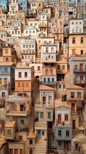 Miniature diorama Mediterranean cityscape on a pastel background, cozy model aesthetic ultra HD iPhone image