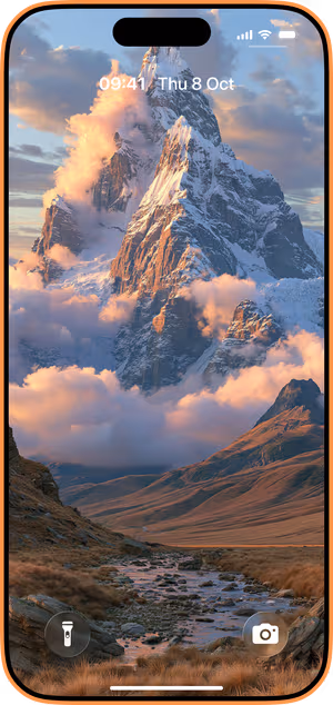 Wallpaper preview on iPhone 17 Pro Max running iOS 26 - Alpine Mountain Peak