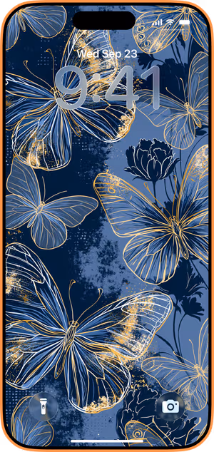 Wallpaper preview on iPhone 17 Pro Max running iOS 26 - Navy Gold Butterfly Florals