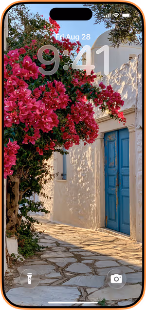 Wallpaper preview on iPhone 17 Pro Max running iOS 26 - Pink Bougainvillea Blue Door