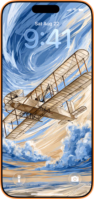 Wallpaper preview on iPhone 17 Pro Max running iOS 26 - Vintage Biplane Sky