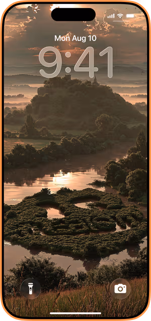 Wallpaper preview on iPhone 17 Pro Max running iOS 26 - Cinematic River Valley Amber