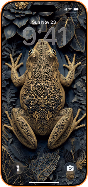 Wallpaper preview on iPhone 17 Pro Max running iOS 26 - Gilded Filigree Frog