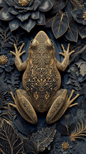 Ornate gold filigree frog centered on a dark botanical background in a luxury decorative aesthetic   ultra HD wallpaper