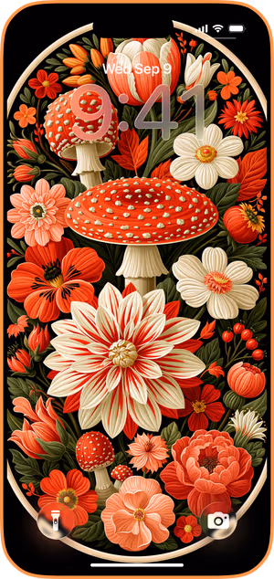 Wallpaper preview on iPhone 17 Pro Max running iOS 26 - Vintage Floral Mushroom Medallion