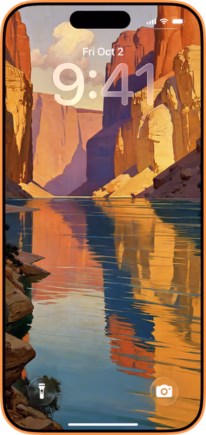 Wallpaper preview on iPhone 17 Pro Max running iOS 26 - Sunlit Canyon River
