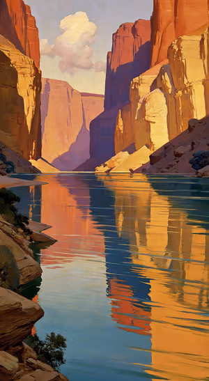 Vintage canyon landscape centered on an orange and gold background in an oil painted aesthetic.
