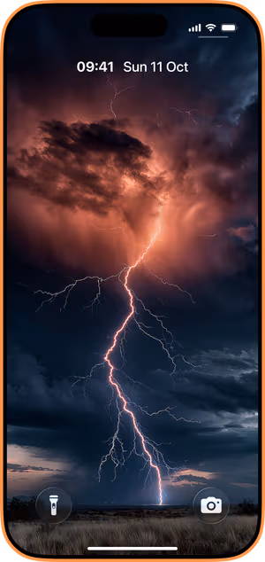 Wallpaper preview on iPhone 17 Pro Max running iOS 26 - Electric Storm Lightning