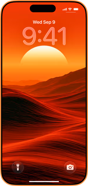 Wallpaper preview on iPhone 17 Pro Max running iOS 26 - Abstract Sunset Waves