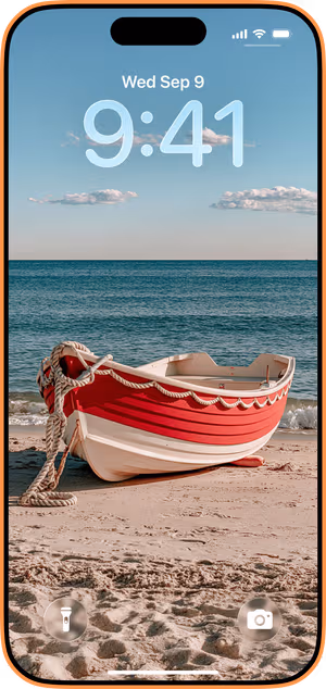 Wallpaper preview on iPhone 17 Pro Max running iOS 26 - Coastal Red Rowboat