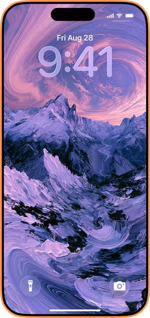 Wallpaper preview on iPhone 17 Pro Max running iOS 26 - Purple Swirl Mountain Art