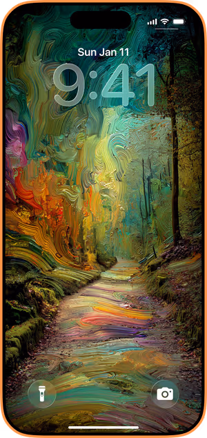 Wallpaper preview on iPhone 17 Pro Max running iOS 26 - Painted Forest Path