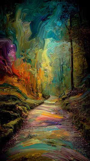 Abstract oil paint forest path centered on a vibrant autumn background in a textured, surreal aesthetic ultra HD image.