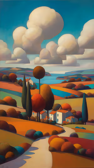 Painterly coastal hills centered on a warm, colorful background with rounded trees and pillowy clouds ultra hd image.
