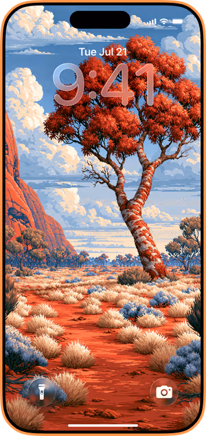 Wallpaper preview on iPhone 17 Pro Max running iOS 26 - Crimson Outback Tree
