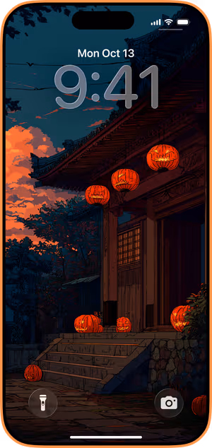 Wallpaper preview on iPhone 17 Pro Max running iOS 26 - Halloween Temple Lanterns