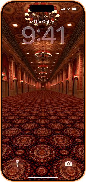 Wallpaper preview on iPhone 17 Pro Max running iOS 26 - Ornate Red Hallway
