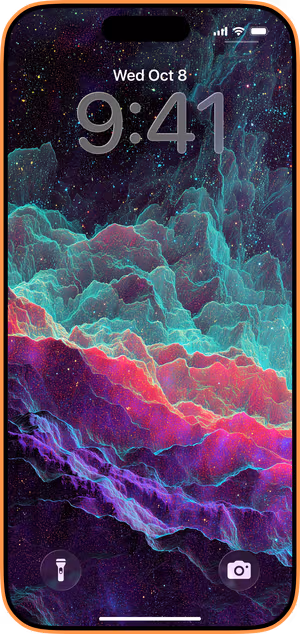Wallpaper preview on iPhone 17 Pro Max running iOS 26 - Neon Nebula Waves