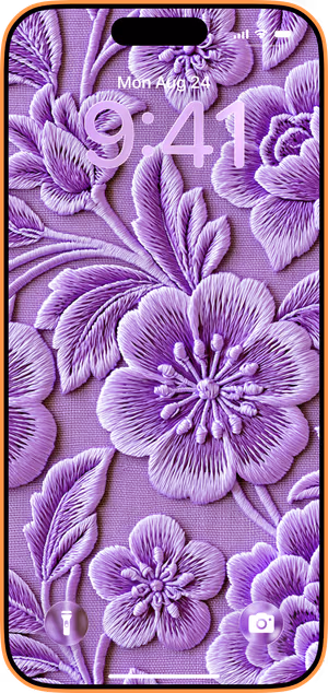 Wallpaper preview on iPhone 17 Pro Max running iOS 26 - Embroidered Purple Flowers
