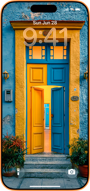 Wallpaper preview on iPhone 17 Pro Max running iOS 26 - Sunlit Duet Door