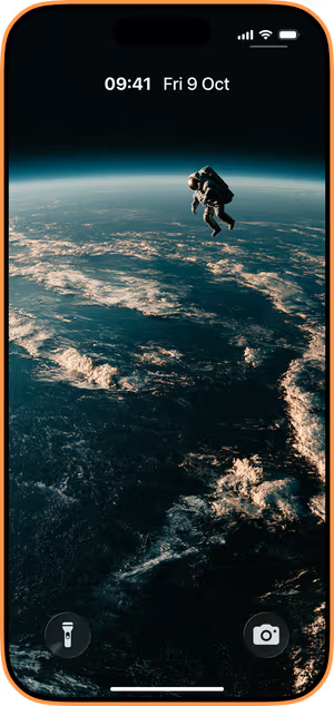Wallpaper preview on iPhone 17 Pro Max running iOS 26 - Teal Orbit Astronaut