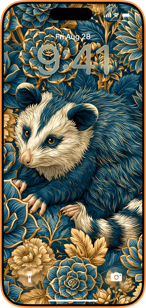 Wallpaper preview on iPhone 17 Pro Max running iOS 26 - Teal Gold Possum Botanicals