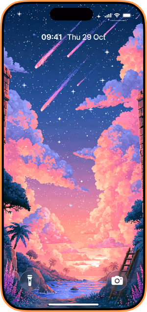 Wallpaper preview on iPhone 17 Pro Max running iOS 26 - Pink Meteor Shower Pixel Art