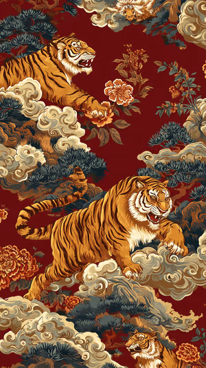 Oriental vintage illustration of a roaring tiger centered on a deep crimson background with peonies and swirling clouds