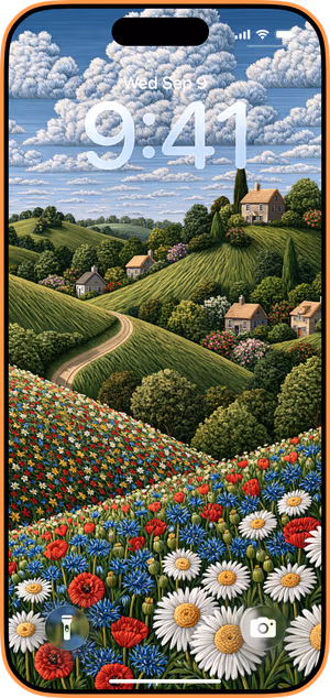 Wallpaper preview on iPhone 17 Pro Max running iOS 26 - Painterly Countryside Wildflowers