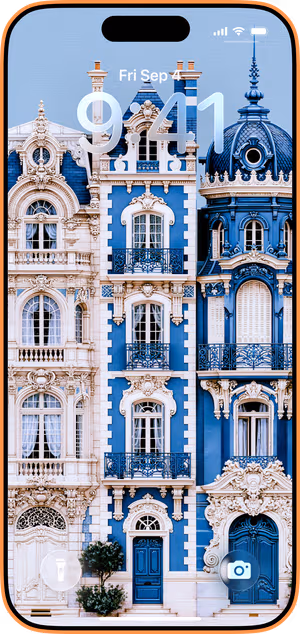 Wallpaper preview on iPhone 17 Pro Max running iOS 26 - Blue Baroque Facades