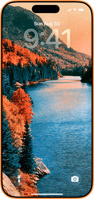 Wallpaper preview on iPhone 17 Pro Max running iOS 26 - Retro Mountain Lake