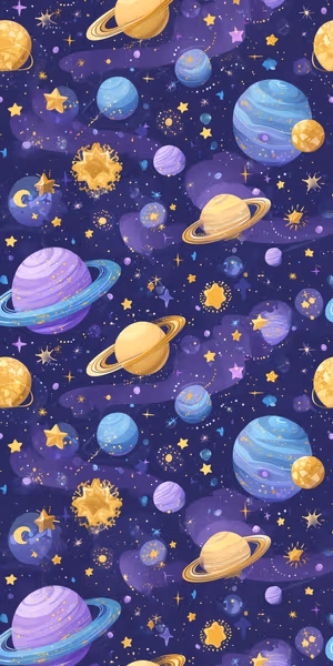 Seamless cosmic pattern with glowing purple blue planets, golden stars and nebula swirls ultra HD 8K background for iPhone.
