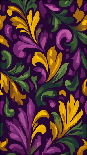 Baroque floral seamless pattern centered on a deep purple background with jewel toned gold and green ornamentation, ultra HD 8K image