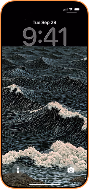 Wallpaper preview on iPhone 17 Pro Max running iOS 26 - Midnight Ocean Waves