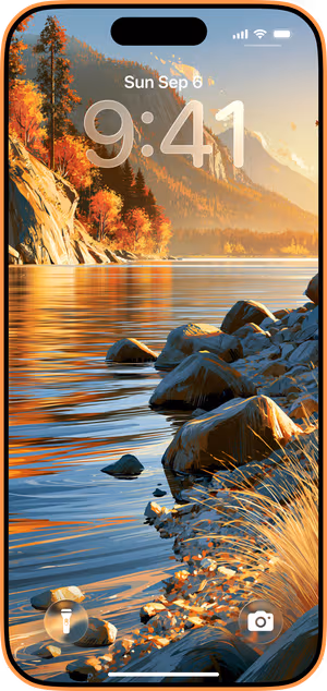 Wallpaper preview on iPhone 17 Pro Max running iOS 26 - Golden Autumn Mountain Lake