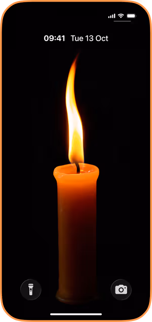 Wallpaper preview on iPhone 17 Pro Max running iOS 26 - Midnight Orange Candle
