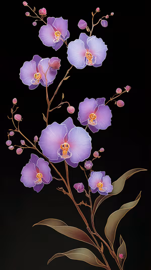 Minimalist purple orchids centered on a deep black background with gold outlines in an elegant floral aesthetic, ultra HD background.