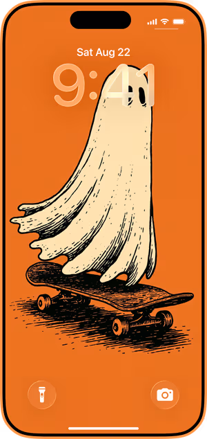 Wallpaper preview on iPhone 17 Pro Max running iOS 26 - Vintage Ghost Skateboard