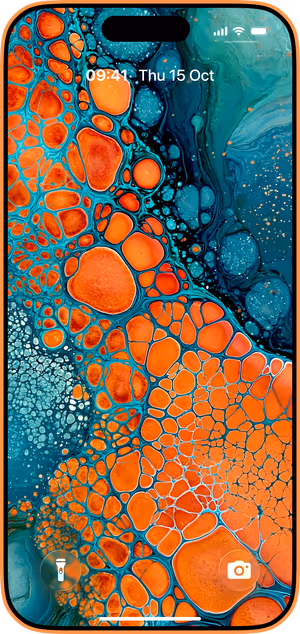 Wallpaper preview on iPhone 17 Pro Max running iOS 26 - Orange Teal Cellular Flow
