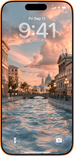 Wallpaper preview on iPhone 17 Pro Max running iOS 26 - Venice Canal Sunset