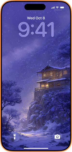 Wallpaper preview on iPhone 17 Pro Max running iOS 26 - Cliffside Cabin