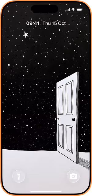 Wallpaper preview on iPhone 17 Pro Max running iOS 26 - Open Door Starfield