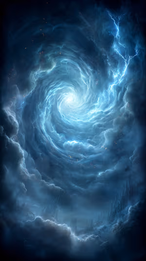 Surreal blue vortex storm centered on an electric blue sky with vivid lightning bolts, ultra HD 8K mobile background.