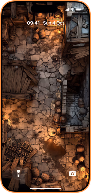 Wallpaper preview on iPhone 17 Pro Max running iOS 26 - Rustic Fantasy Dungeon