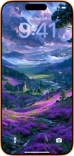 Wallpaper preview on iPhone 17 Pro Max running iOS 26 - Enchanted Purple Valley