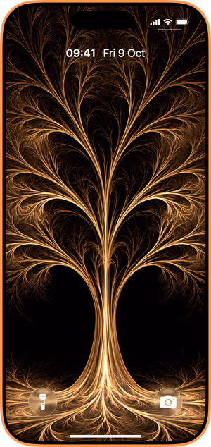 Wallpaper preview on iPhone 17 Pro Max running iOS 26 - Golden Fractal Tree