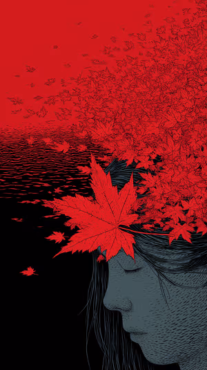 Surreal minimalist maple portrait side profile with crimson leaves over black ripples in line art aesthetic, ultra hd
