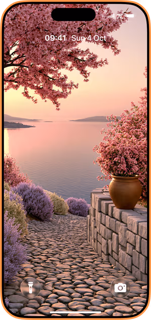 Wallpaper preview on iPhone 17 Pro Max running iOS 26 - Pink Blossom Lakeside Path